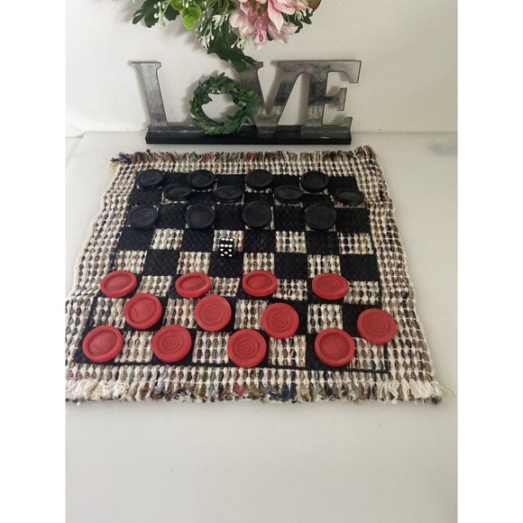 Checkers Board Game with Rug Board 12" x 12½”  12 Black 12 Red Checkers Vintage - Picture 11 of 16